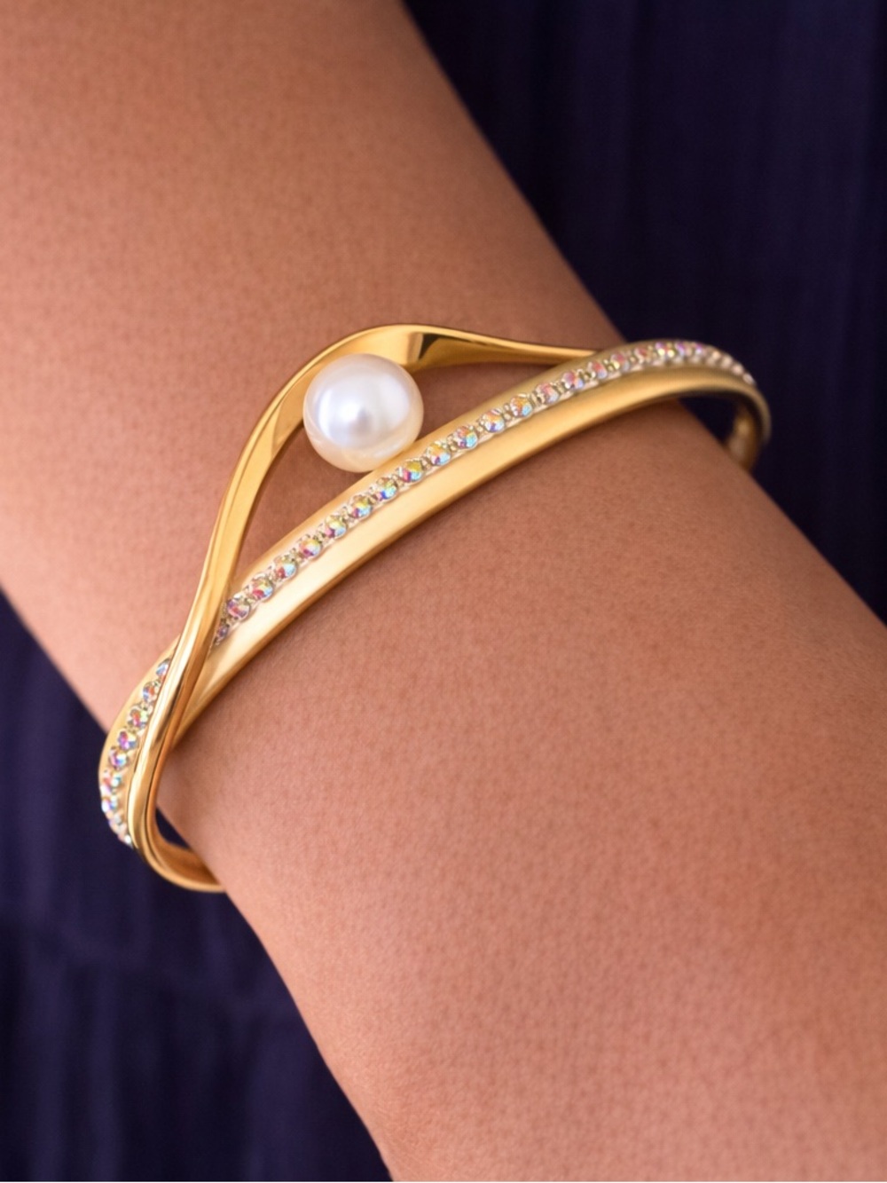 Gold Pearl & Crystal Crossover Bracelet — Women’s Gold Bangle